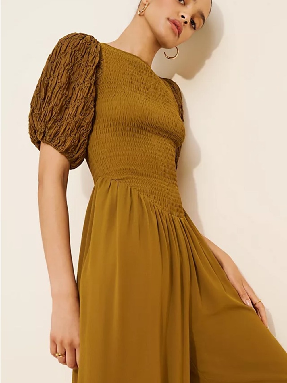 Free People Olive Smocked Puff Sleeve Jumpsuit size small